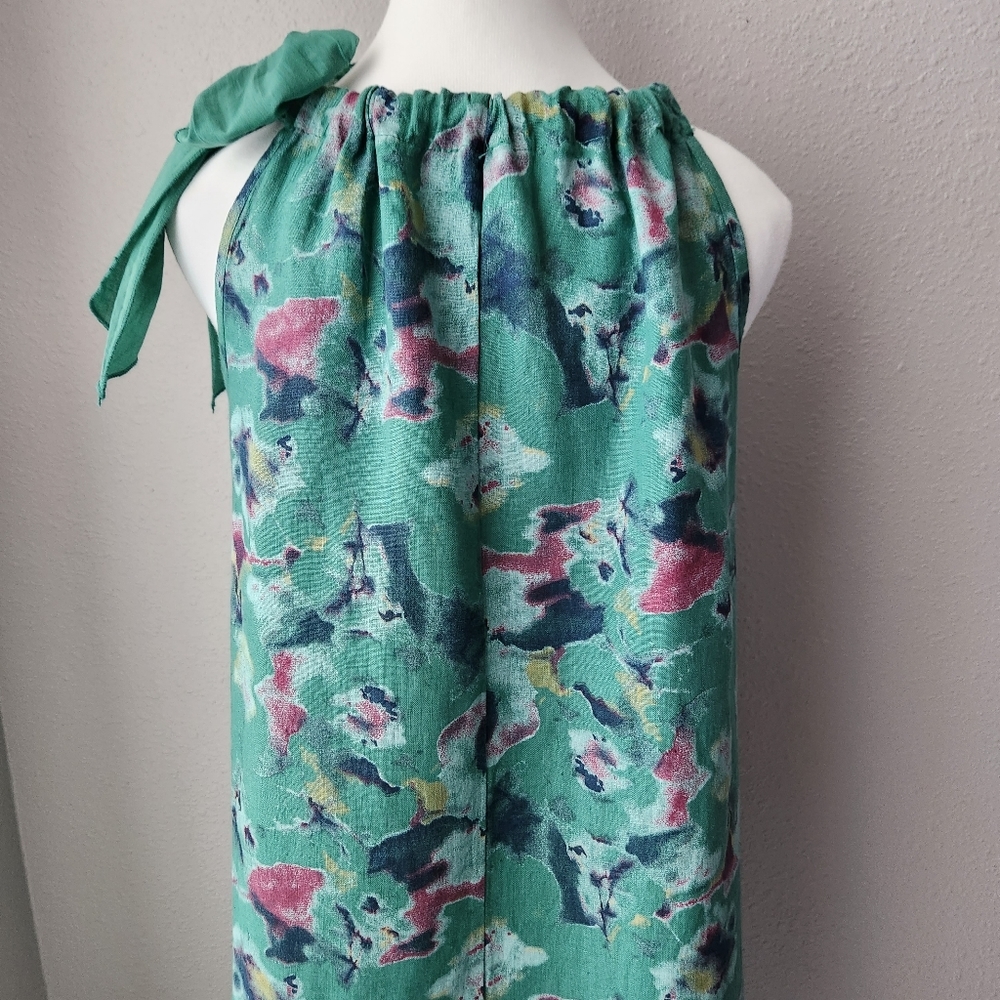 BELLAMBRA MADE IN ITALY 100% Linen Neck Tie Floral Watercolor Printed Dress - Picture 7 of 13